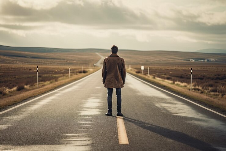 Person in brown jacket standing alone in the middle of an empty road stretching into a cloudy horizon.