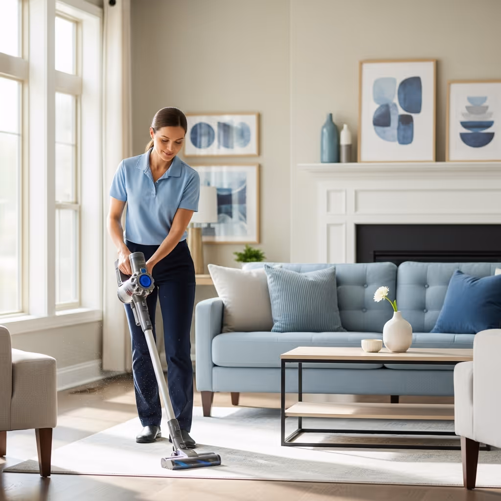 Woman vacuuming a bright living room with a light blue sofa and modern decor.