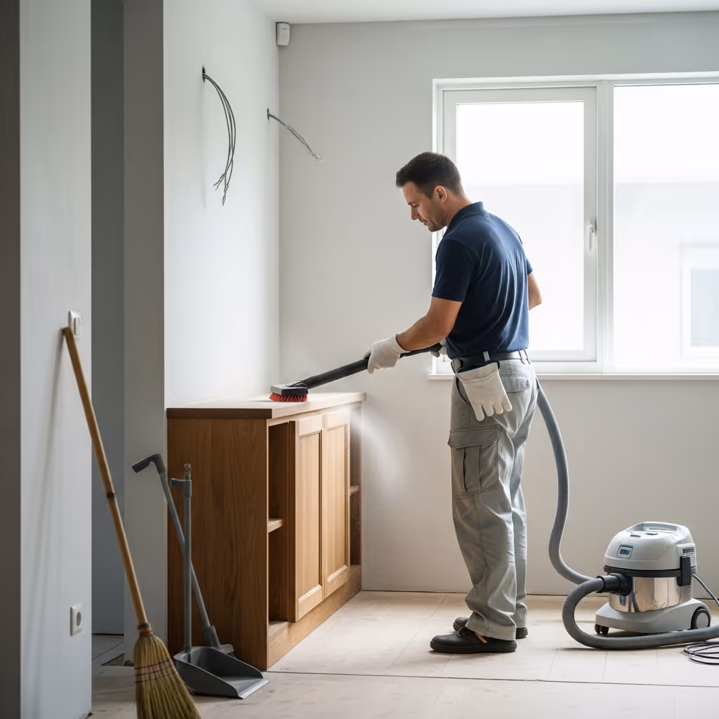 Man wearing gloves using a vacuum cleaner with a brush attachment to clean a wooden cabinet in a bright room under renovation.