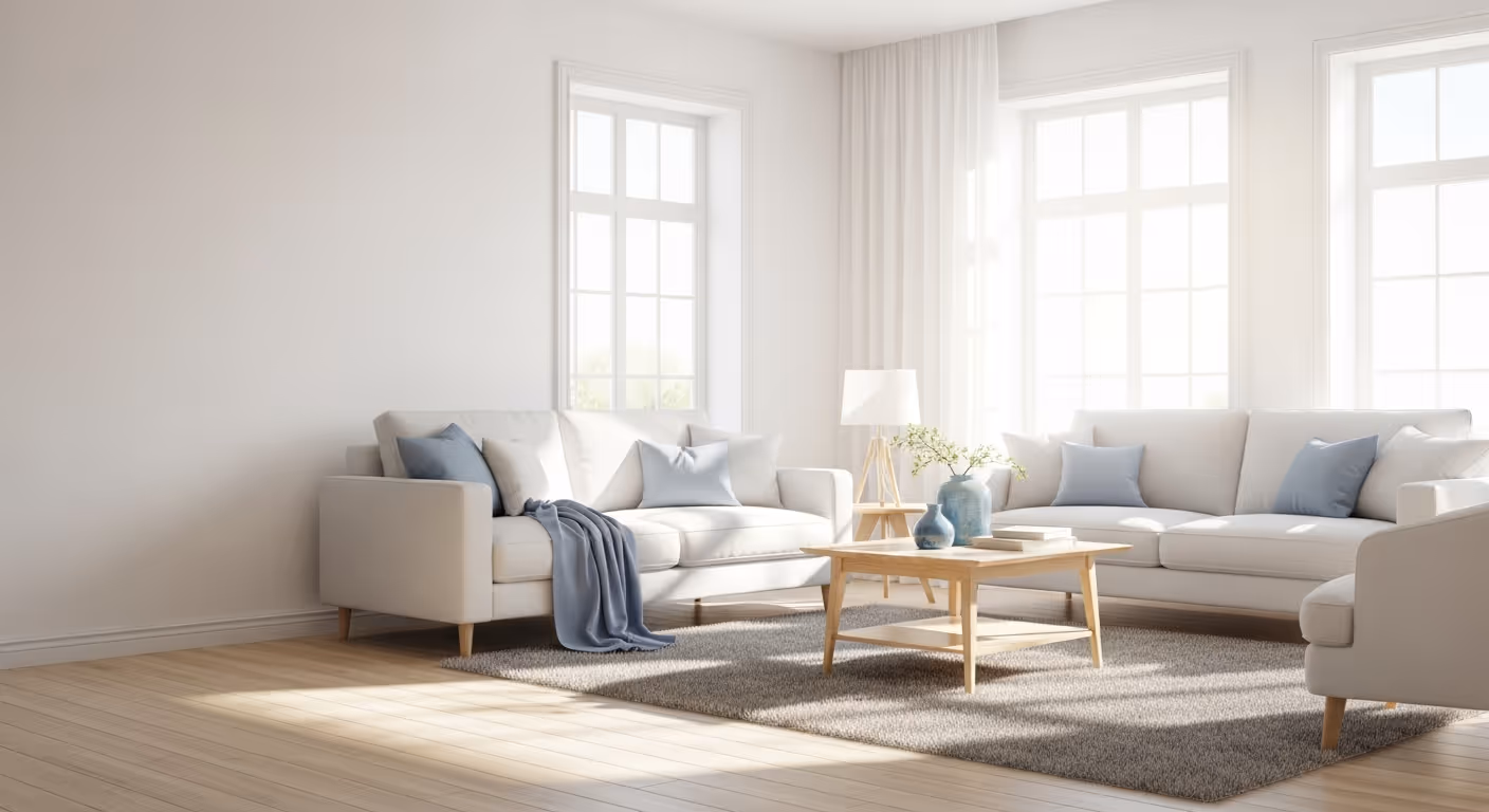 Bright living room with beige sofas, blue cushions and throw, wooden coffee table with vases and books, large windows, and a floor lamp.