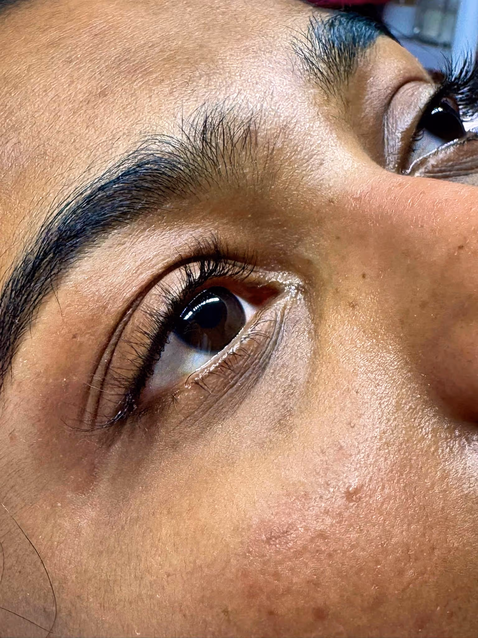 Close-up of a person's face focusing on eyes with long curled eyelashes and thick eyebrows, showing freckles on the skin.