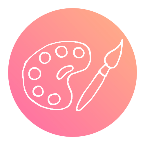 White line drawing of an artist's palette with paint dabs and a paintbrush on a pink to orange gradient square background.