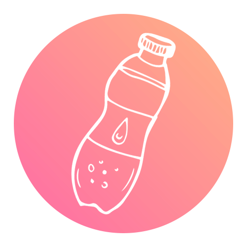 White line drawing of a plastic water bottle with bubbles on a pink to orange gradient background.