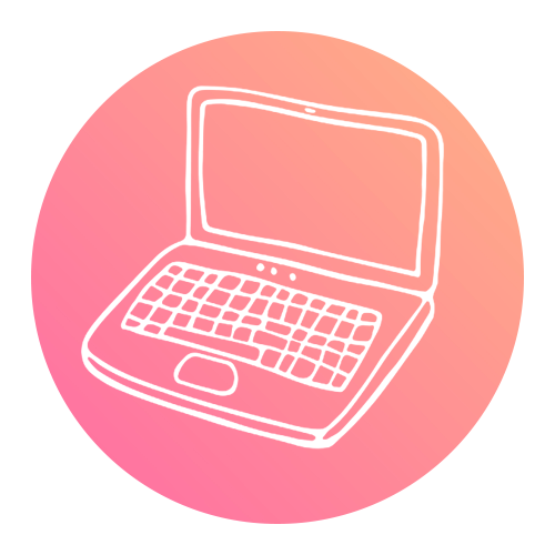 White line drawing of an open laptop on a pink and orange gradient background.