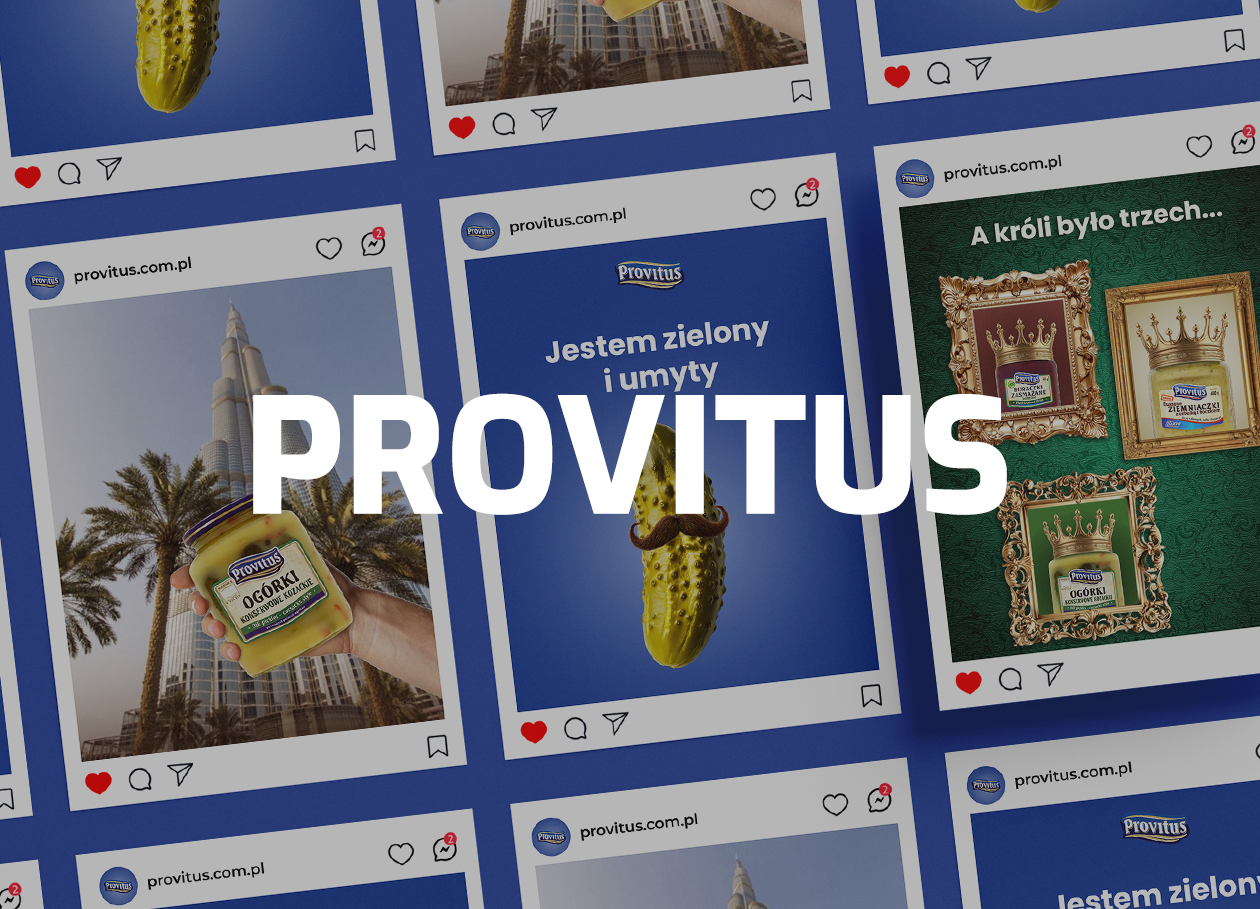 Collage of Provitus Instagram posts featuring pickles and jars of preserved vegetables with the brand name Provitus in bold white text across the center.