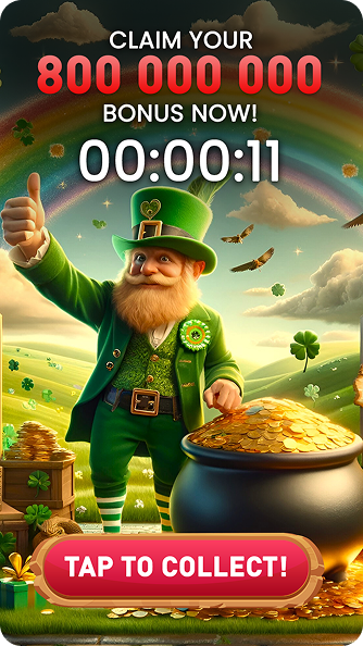 Cheerful leprechaun with thumbs up next to pot of gold and treasure chest under rainbow, with countdown and 'Tap to Collect!' button.