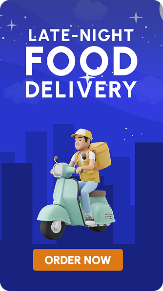 Illustration of a late-night food delivery person riding a scooter with a delivery box, with text 'LATE-NIGHT FOOD DELIVERY' and an orange 'ORDER NOW' button on a blue city background.