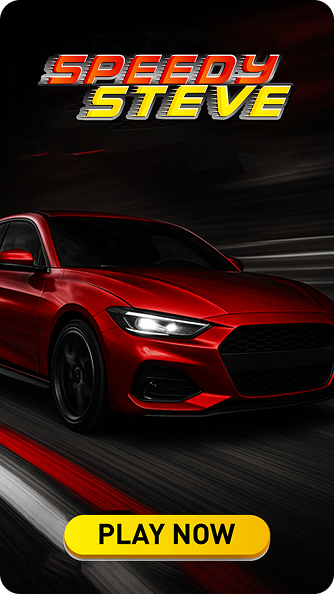 Red sports car racing on a track with 'Speedy Steve' title and a yellow 'Play Now' button.