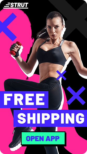 Woman in black workout clothes holding a red dumbbell with bold text saying Free Shipping and a button labeled Open App.