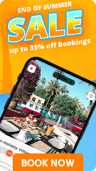 Advertisement for end of summer sale with up to 35% off bookings featuring a smartphone displaying a holiday villa with a pool, palm trees, and outdoor dining setup, and a 'Book Now' button.