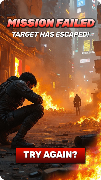 A crouching man in a dark outfit amid a fiery, smoke-filled urban street with glowing signs, with text 'MISSION FAILED TARGET HAS ESCAPED!' and a red 'TRY AGAIN?' button.