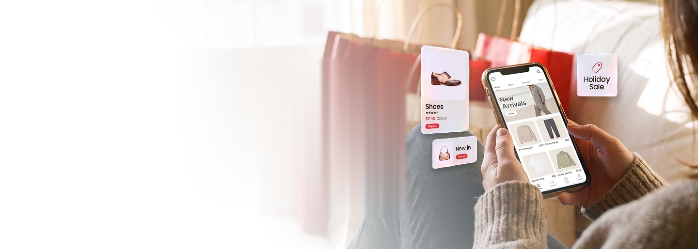 A shopper browsing a retail app on her phone, with product cards and a holiday sale tag floating alongside.