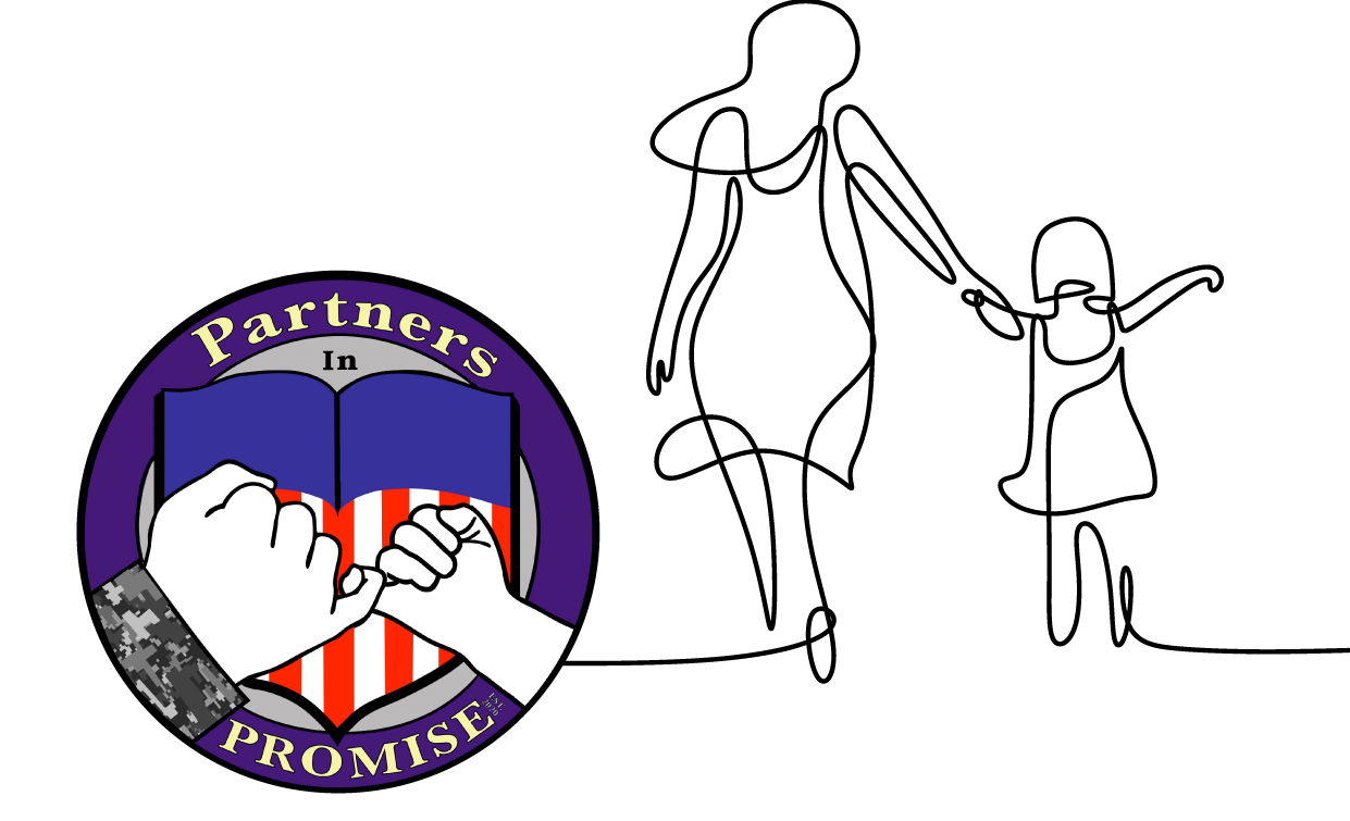 Partners in Promise logo and line illustration of a family walking away joyfully