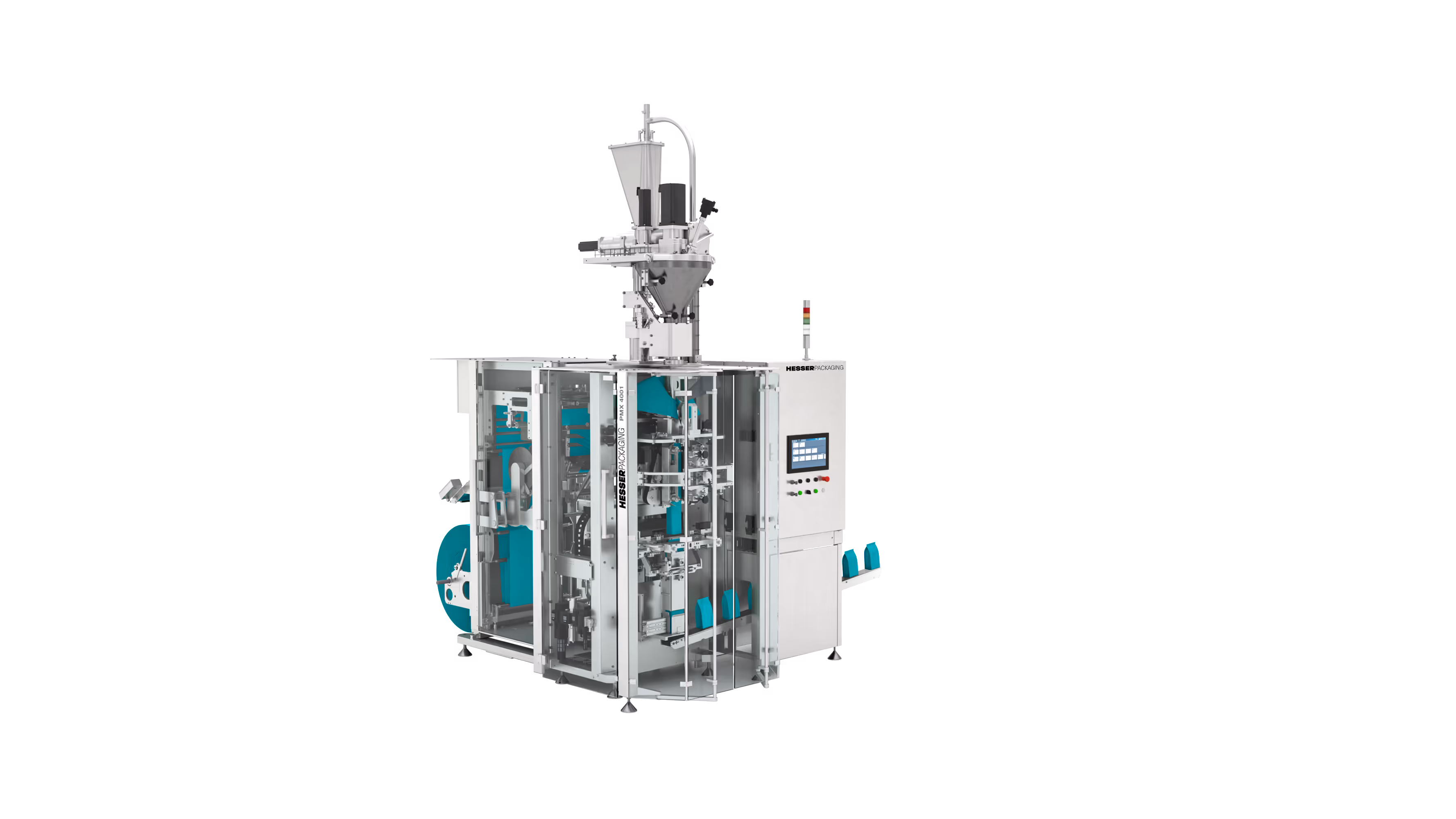 Industrial vertical form-fill-seal packaging machine with transparent doors and digital control panel.
