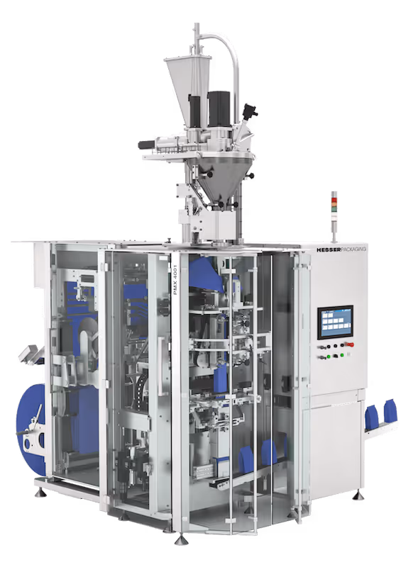 Vertikale Verpackungsmaschine PMX-4001 von Hesser Packaging mit Glastüren und digitalem Steuerbildschirm.