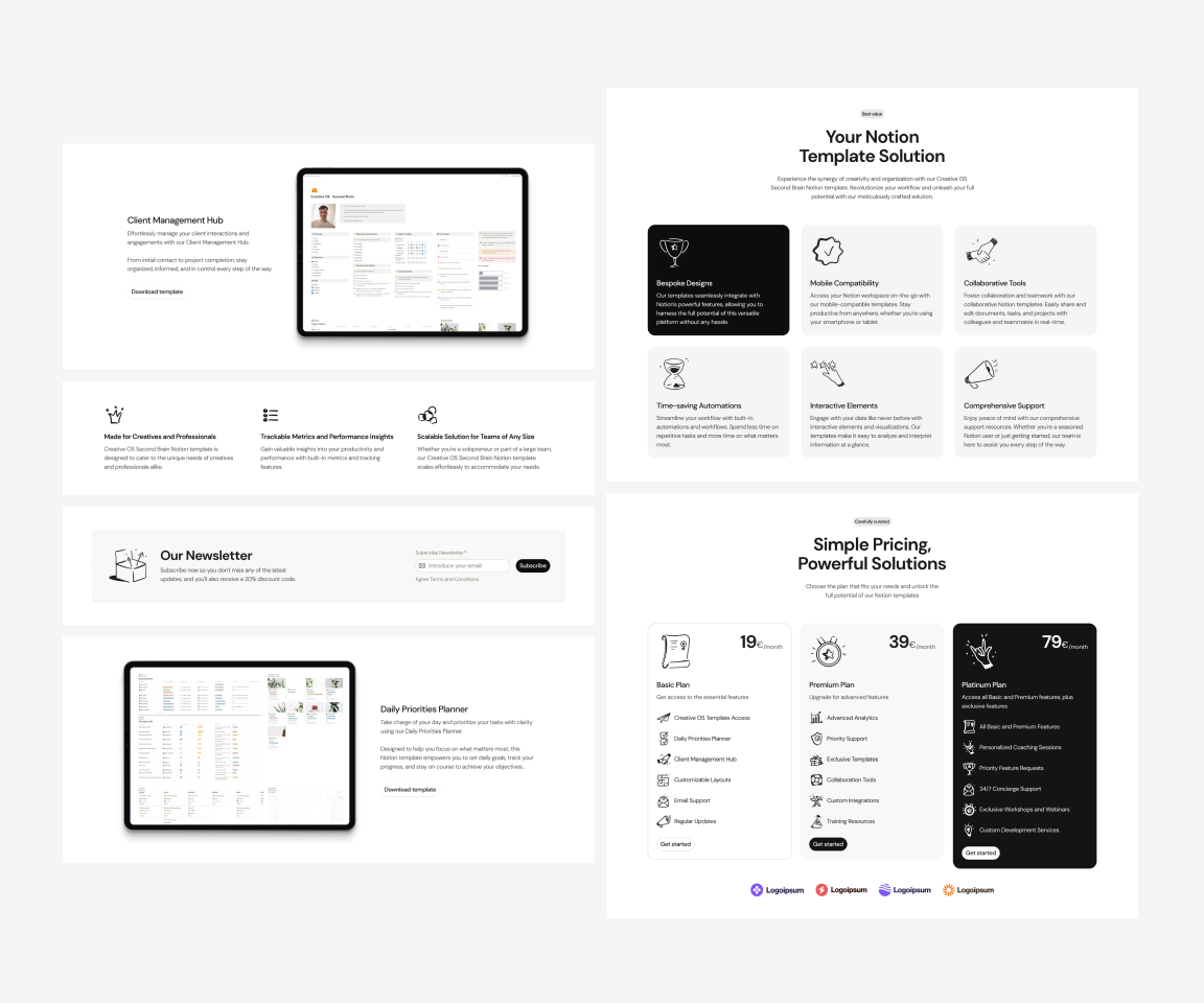 Image of different screenshots of the sections or components of the page