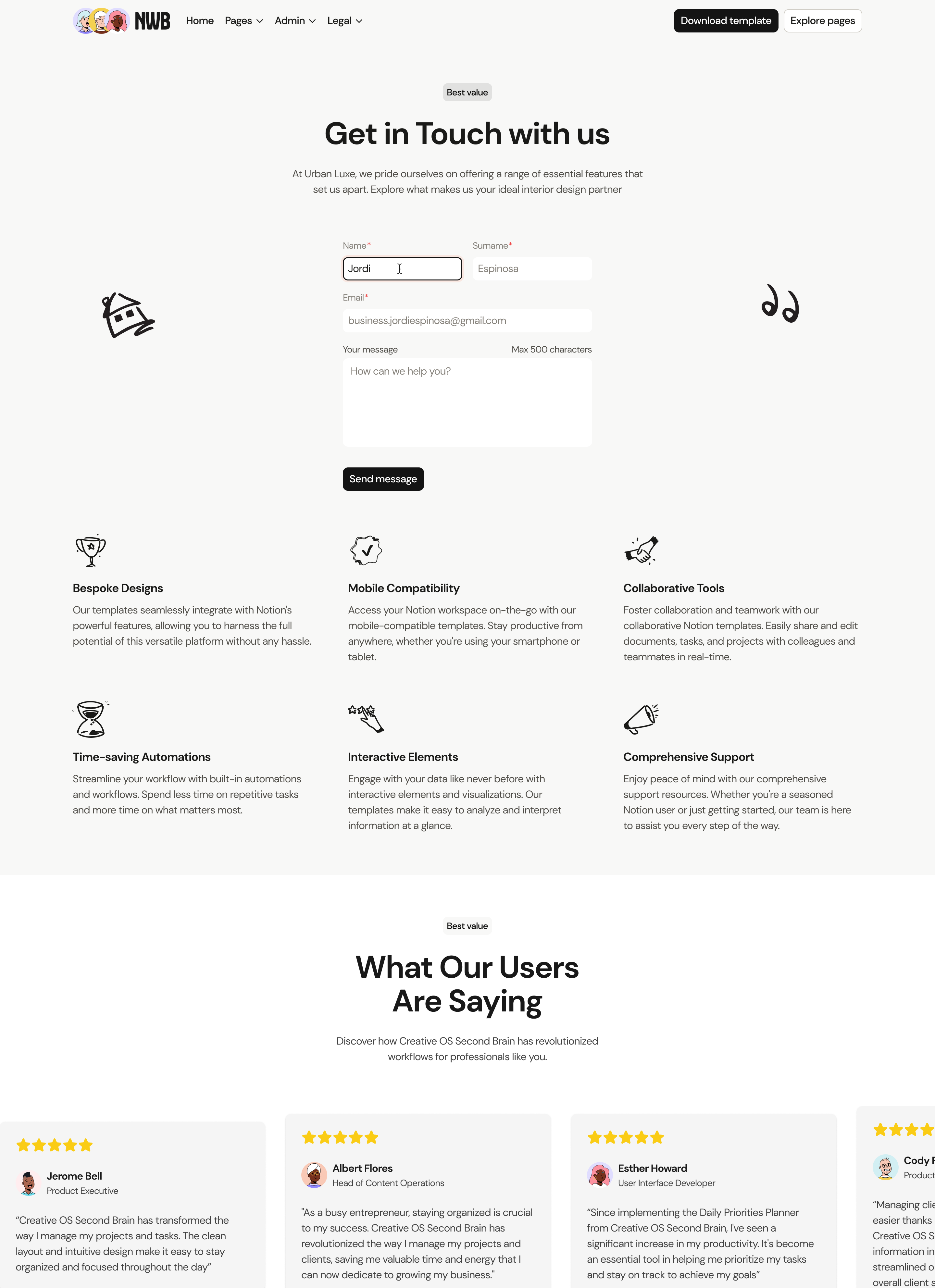 A screenshot of the contact page