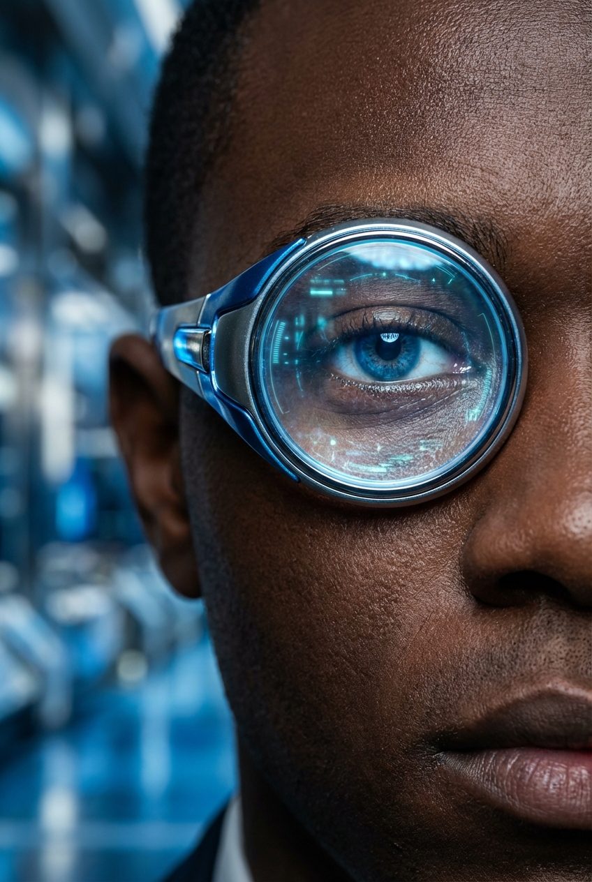 Black man wearing a futursitic monacle.