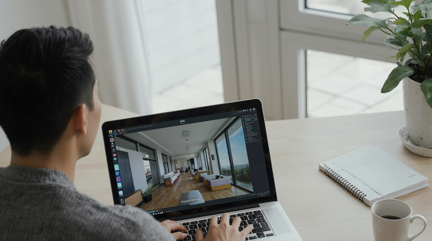 An over the shoulder shot of man viewing a virtual tour on a laptop.