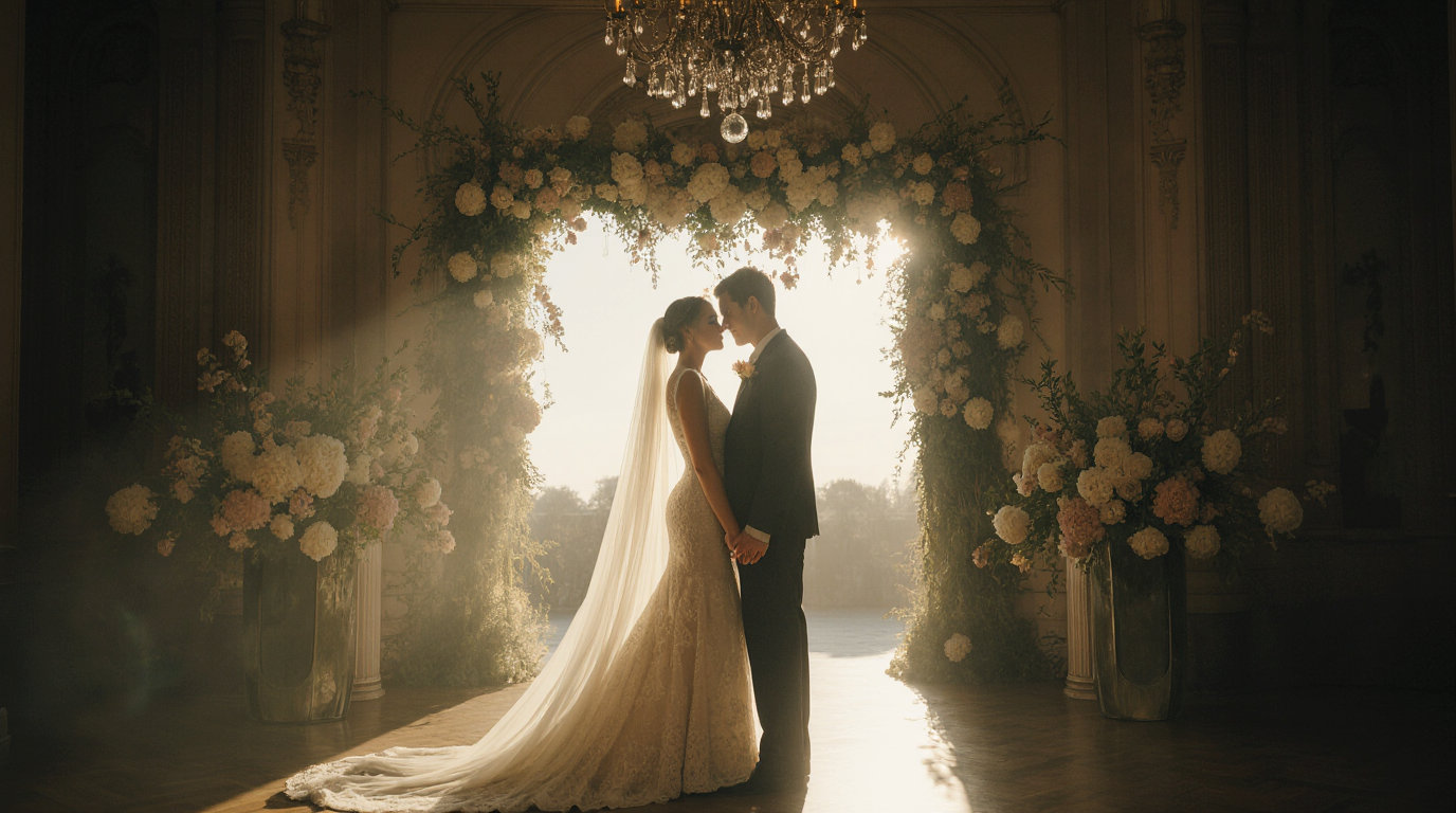 Couple in warm embrace.
