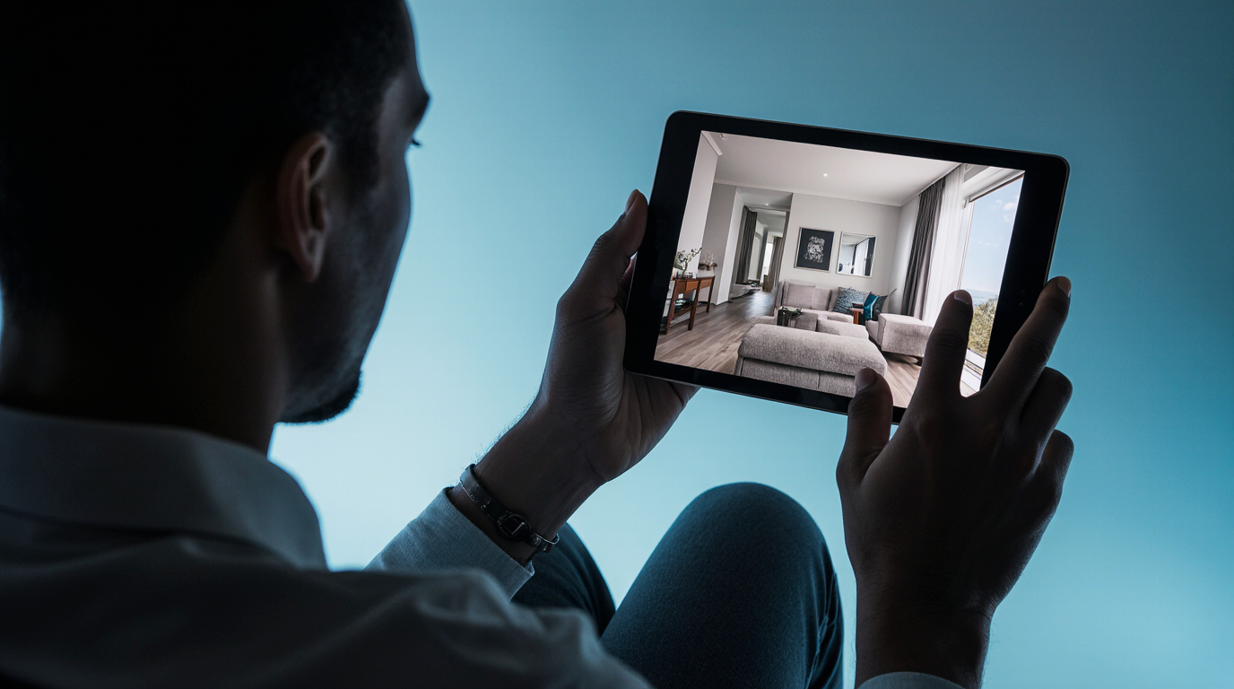 An over the shoulder view of a man viewing a virtual tour on a tablet.