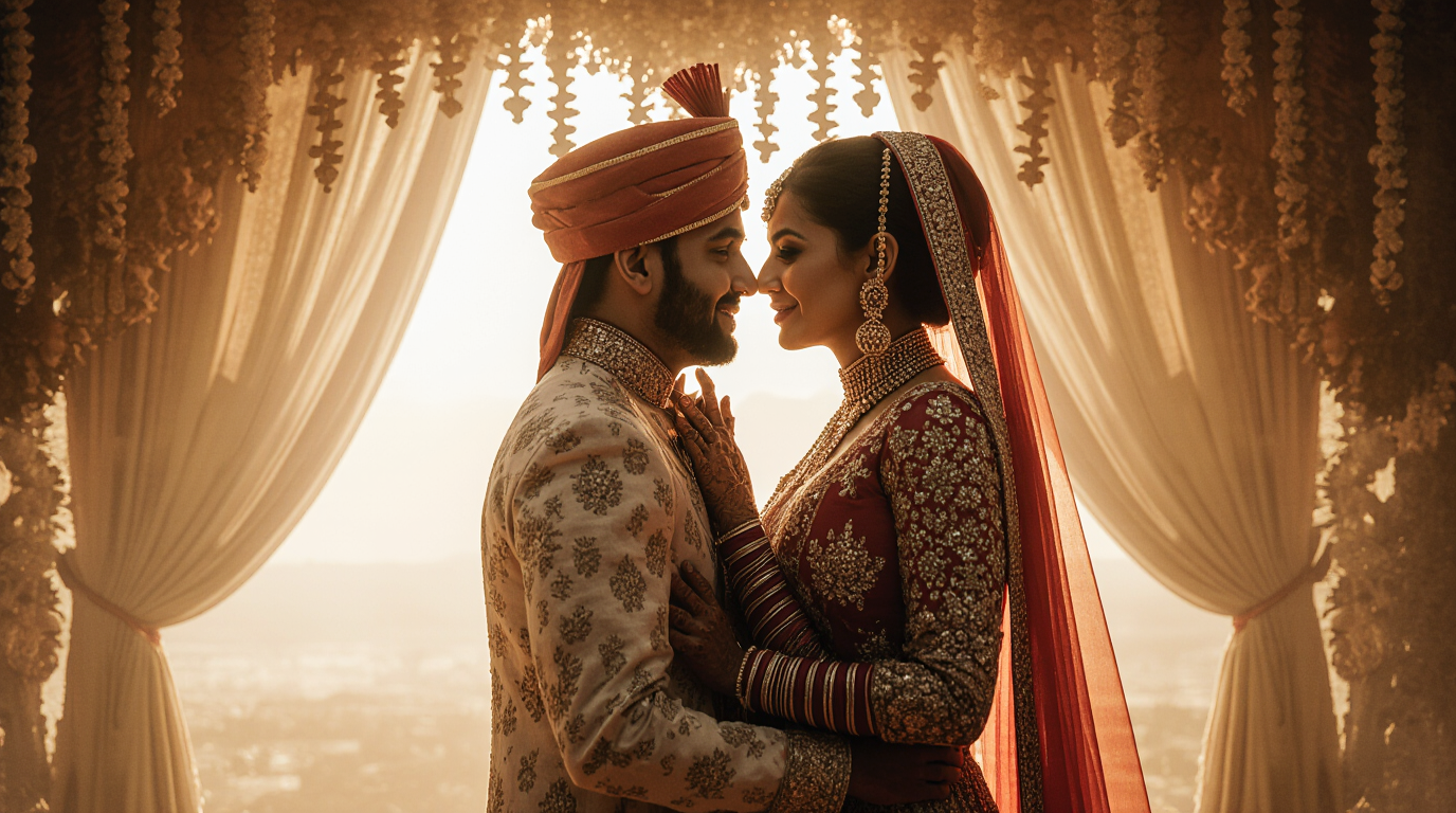 Indian couple in wedding venue in embrace.
