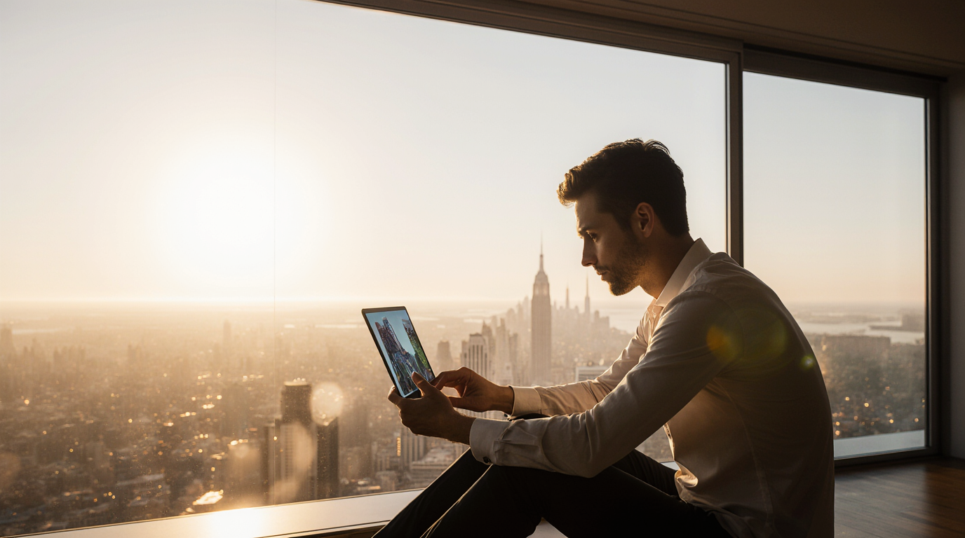 Man viewing a virtual tour on his tablet in a high rise apartment.
