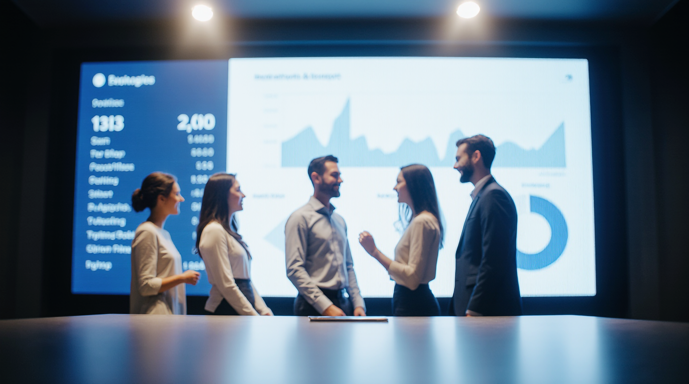 Team stood infront of analytics on a large screen.