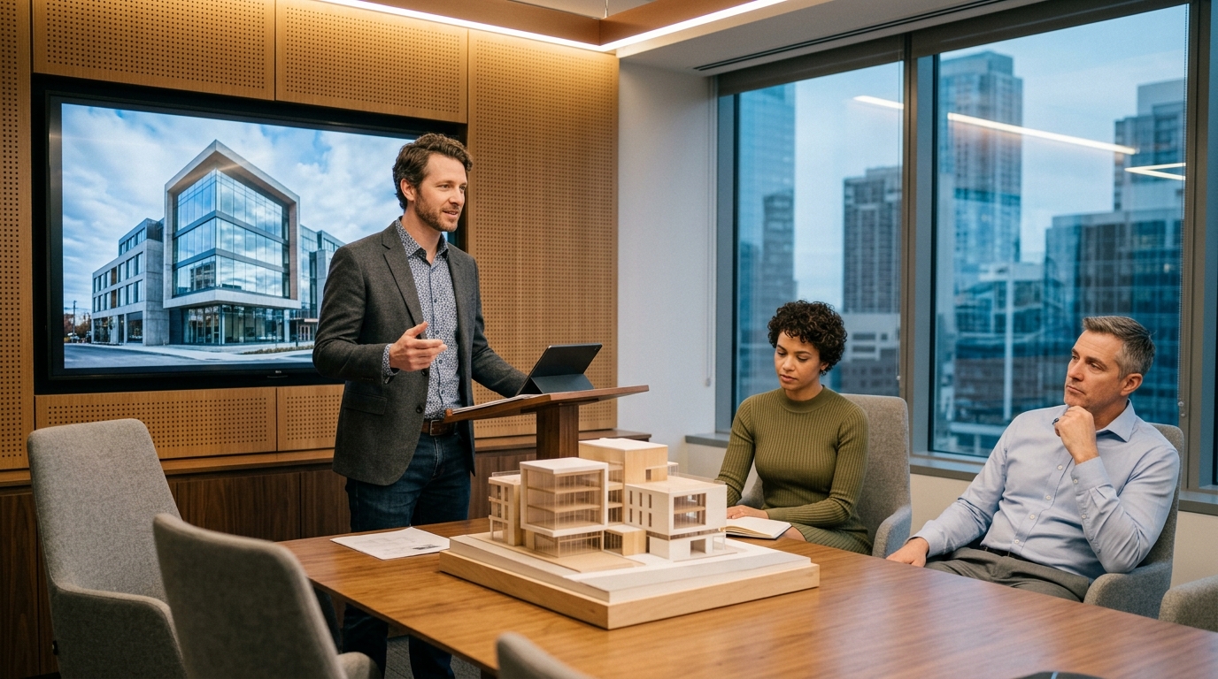 A meeting at an architecture firm discussing a building on alarge screen and a 3D model on the table.