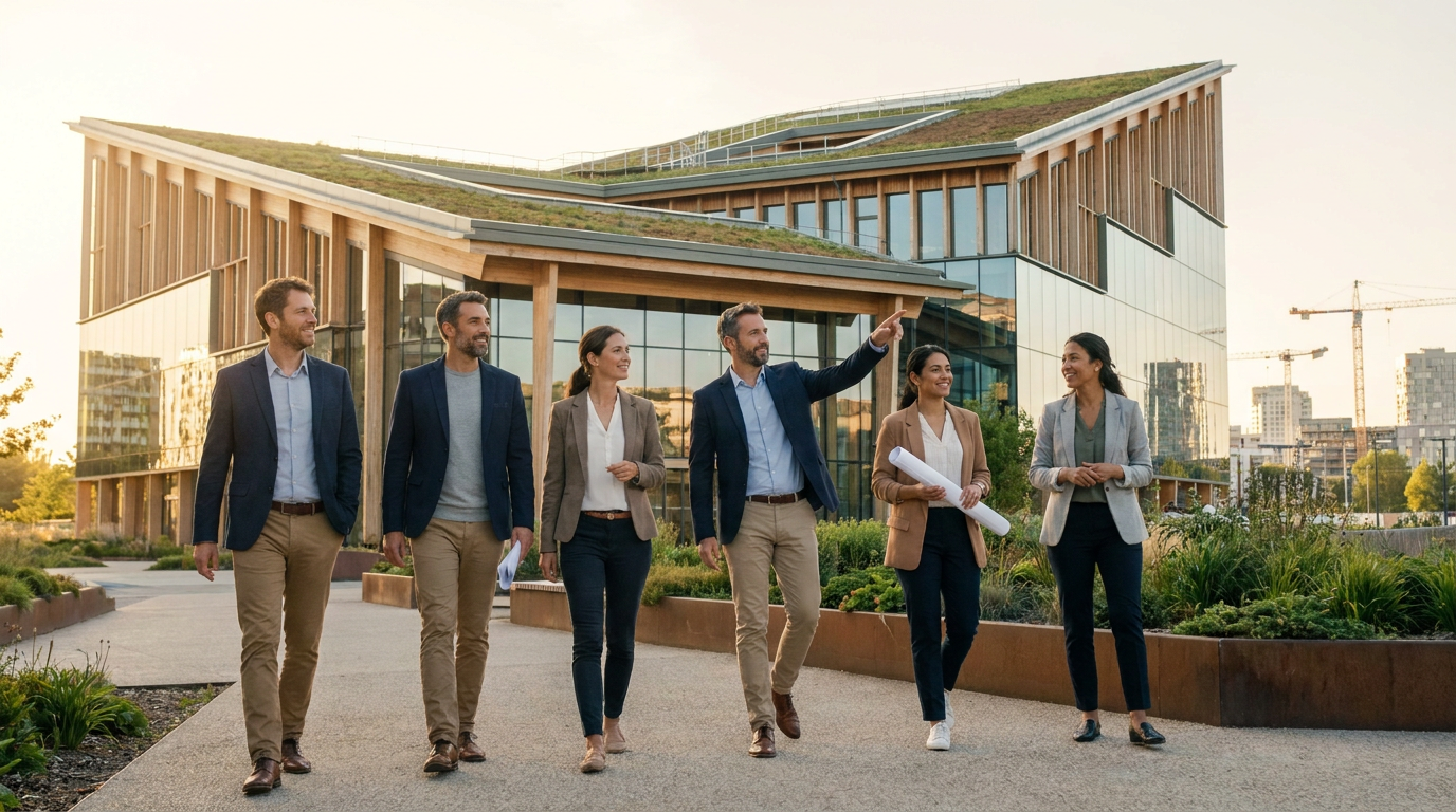 Architecture team walking on completed site.