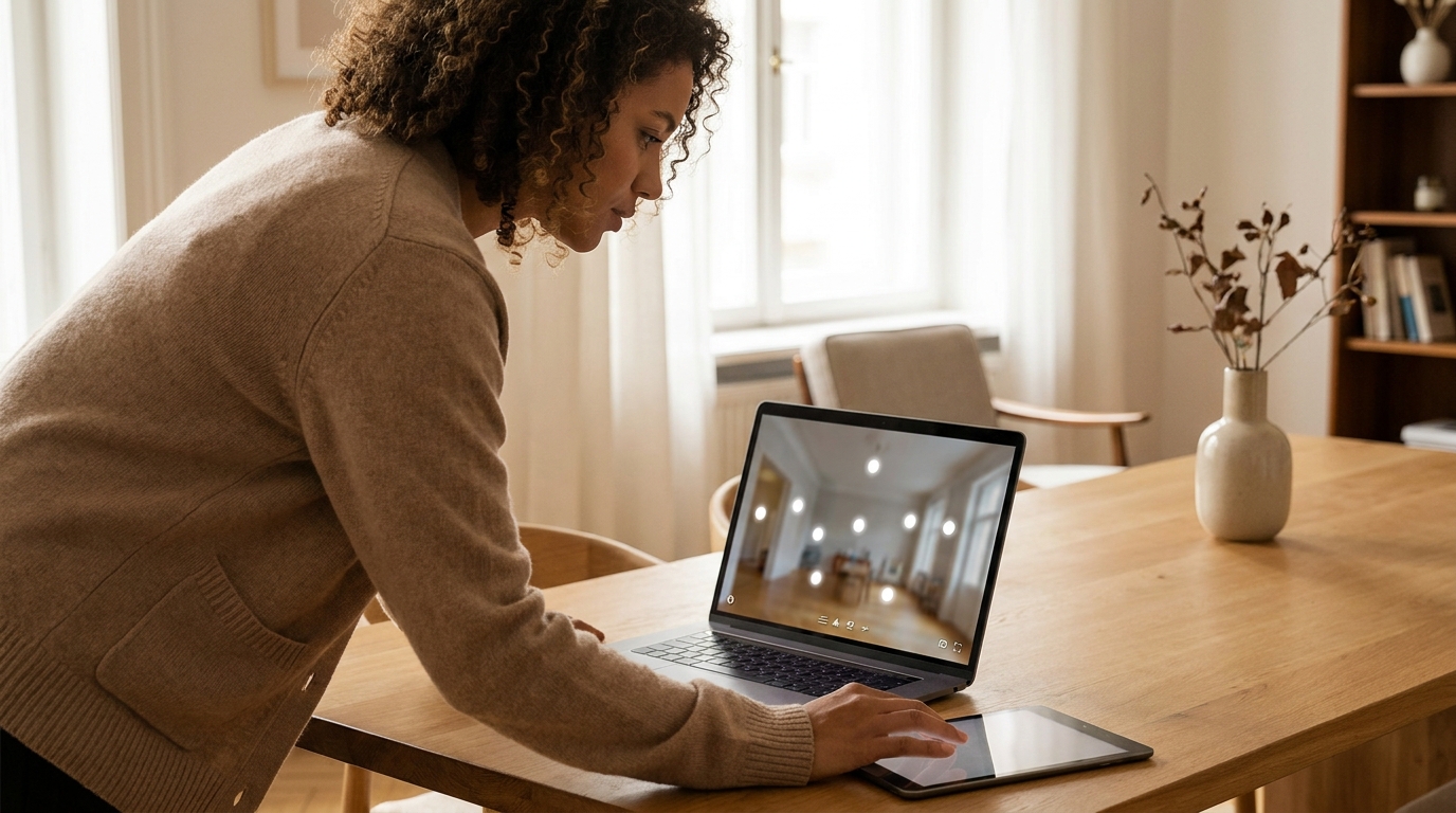 Woman viewing virtual tour on laptop at home.