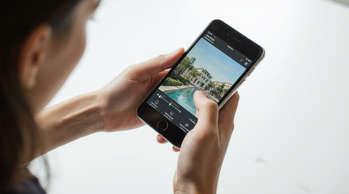 Woman viewing virtual tour on mobile phone.