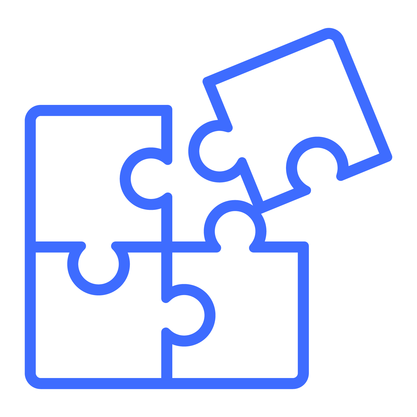 Blue outlined illustration of four jigsaw puzzle pieces with one piece slightly separated.