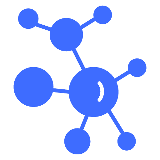 Blue molecular structure with interconnected circular nodes on a white background.