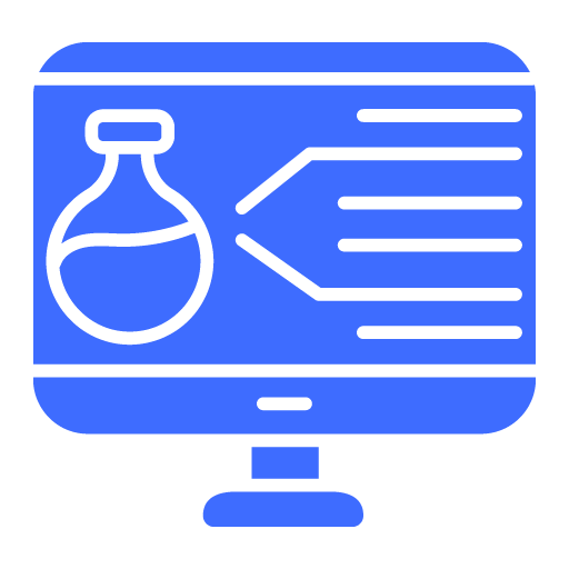 Icon of a computer monitor displaying a chemistry flask connected to a flowchart or list, representing scientific research.
