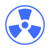 Blue radioactive hazard symbol with three triangular segments inside a circle.
