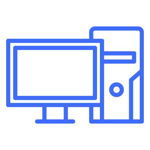 Blue outline icon of a desktop computer with monitor and tower.