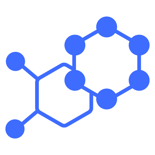 Blue molecular structure illustration showing two connected hexagonal rings with circular nodes.