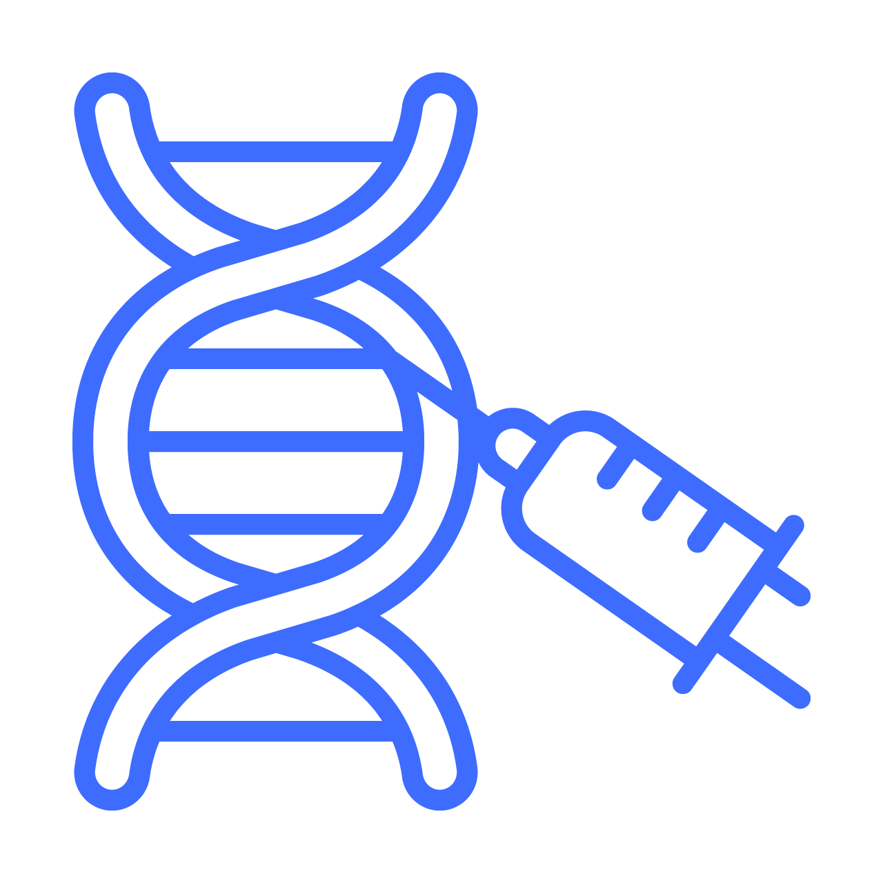 Blue line drawing of DNA strand being injected with a syringe, symbolizing genetic modification.