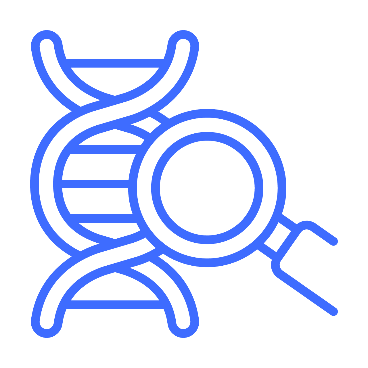Blue outline of a DNA double helix with a magnifying glass overlapping it, symbolizing gene study or analysis.