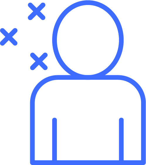 Blue line icon of a person with three crosses near the head representing illness or infection.