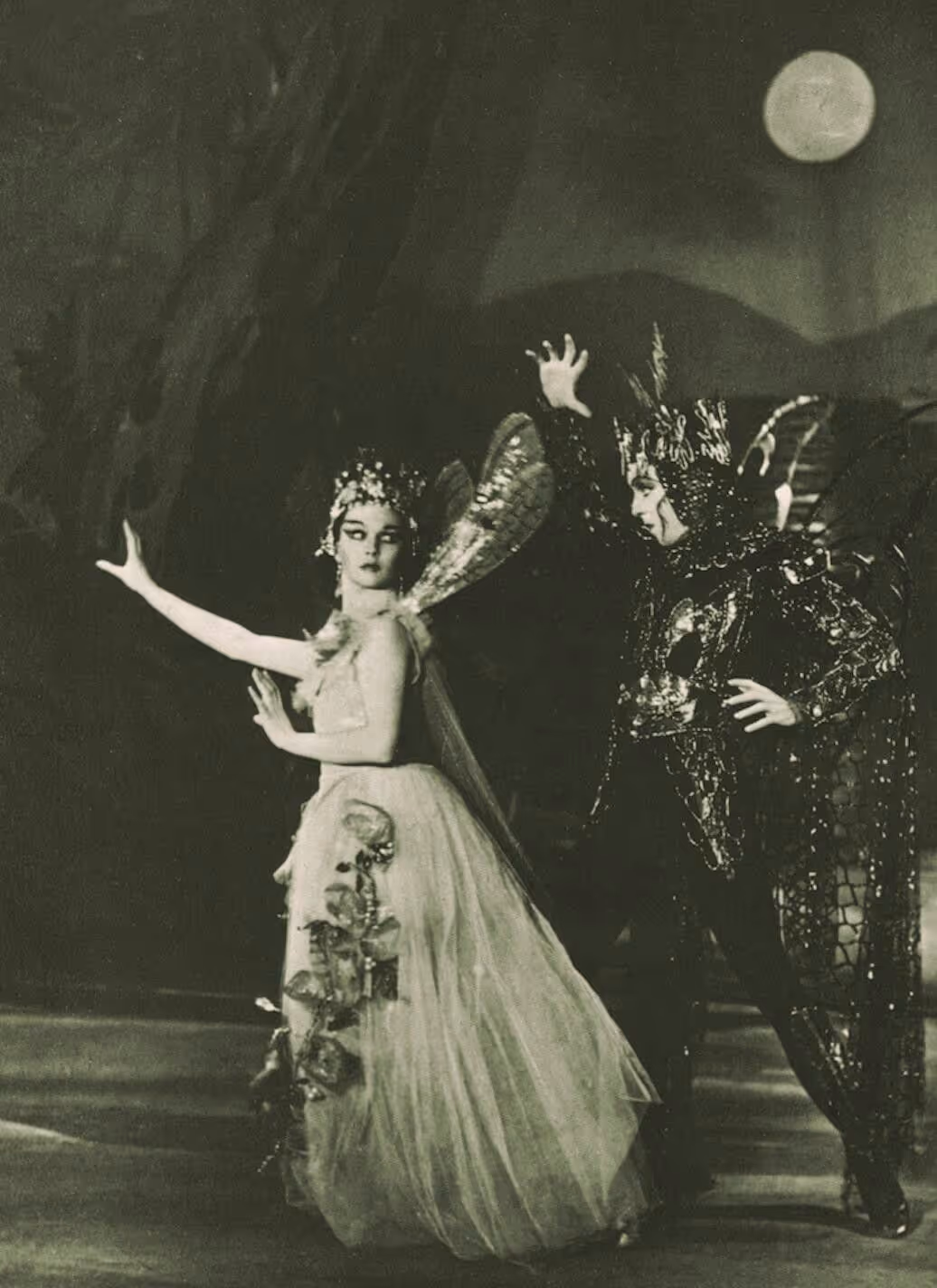 Deux danseurs en costumes de fées avec ailes, sous la lune pleine dans un décor nocturne.