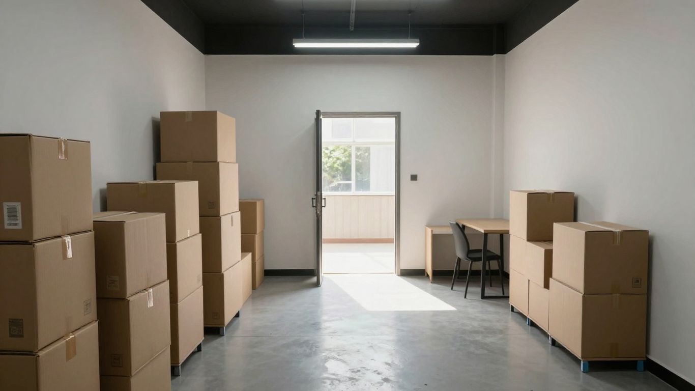 Saubere Lagerbox mit gestapelten Kisten und Möbeln.