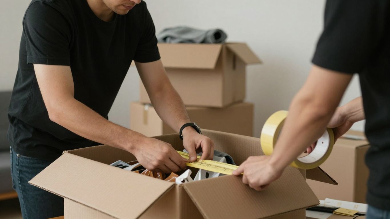 Person packt Umzugskarton mit Haushaltsgegenständen und Klebeband.