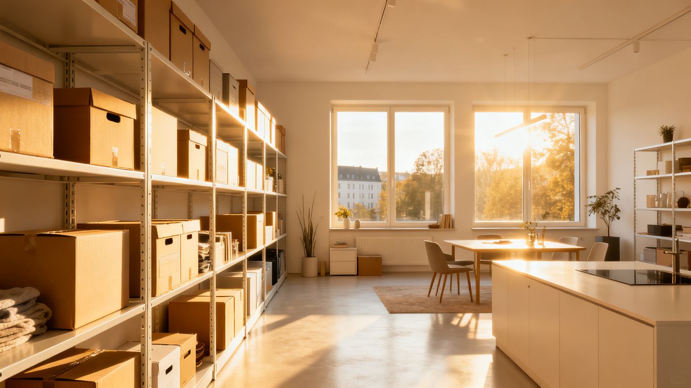 Moderne Lagerboxen in Köln mit aufgeräumten Gegenständen.