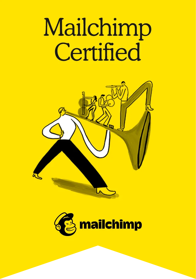 Illustration of a person playing a trumpet with small musicians on top and the text 'Mailchimp Certified' above, on a yellow background with the Mailchimp logo at the bottom.
