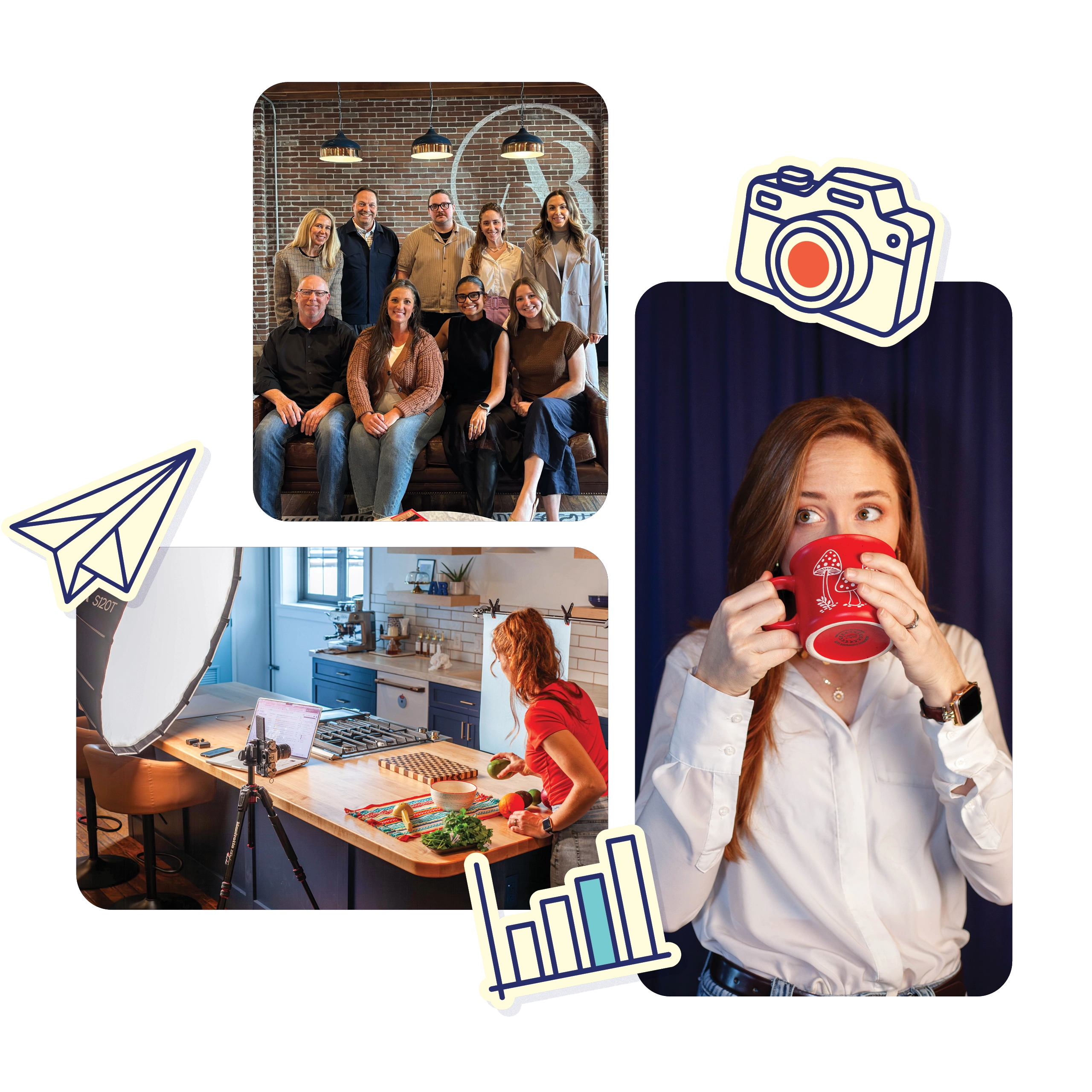 Collage showing a camera filming toast, a woman preparing food in a kitchen with a camera and lighting setup, and a woman drinking from a red mug with coffee icons around.