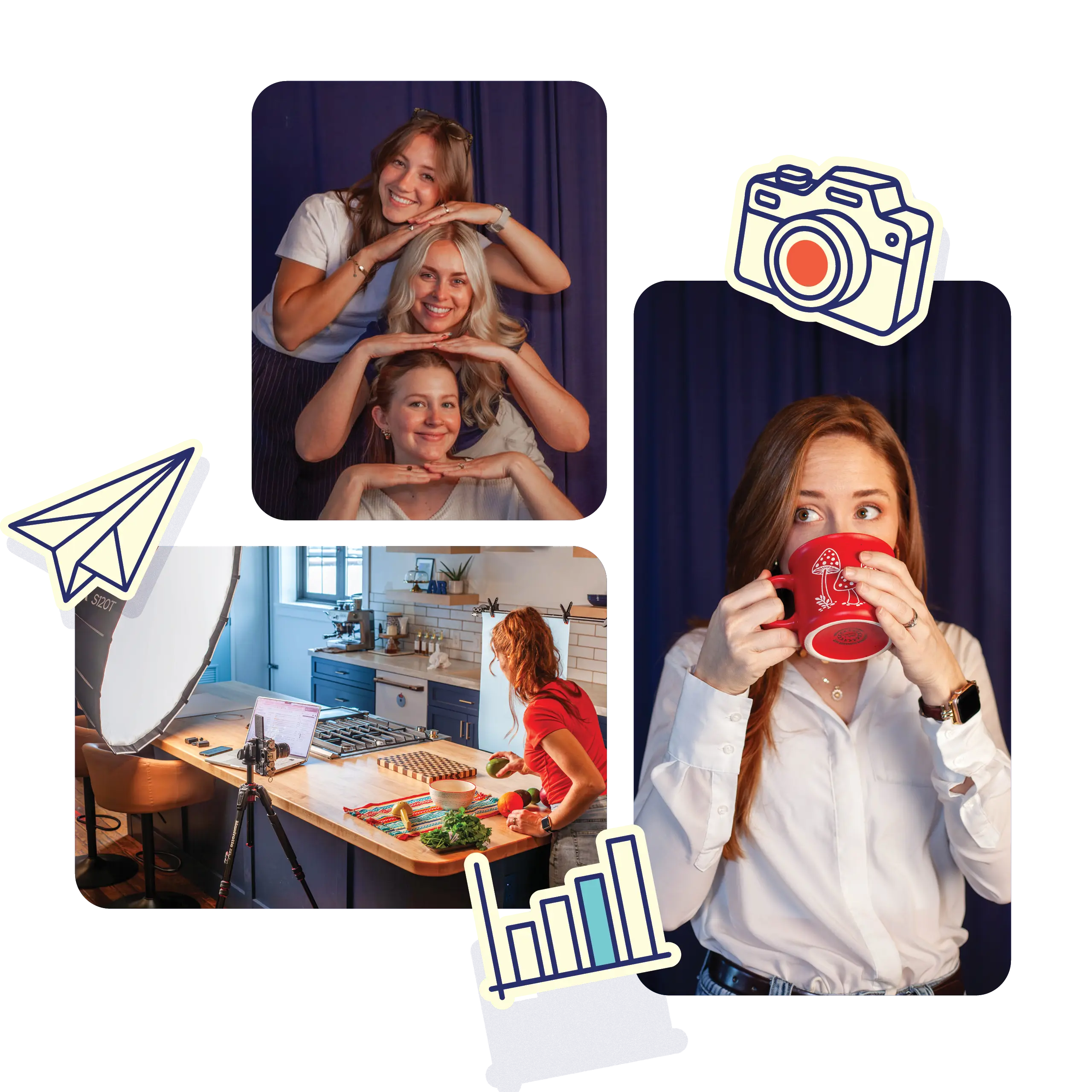 Collage showing a camera filming toast, a woman preparing food in a kitchen with a camera and lighting setup, and a woman drinking from a red mug with coffee icons around.
