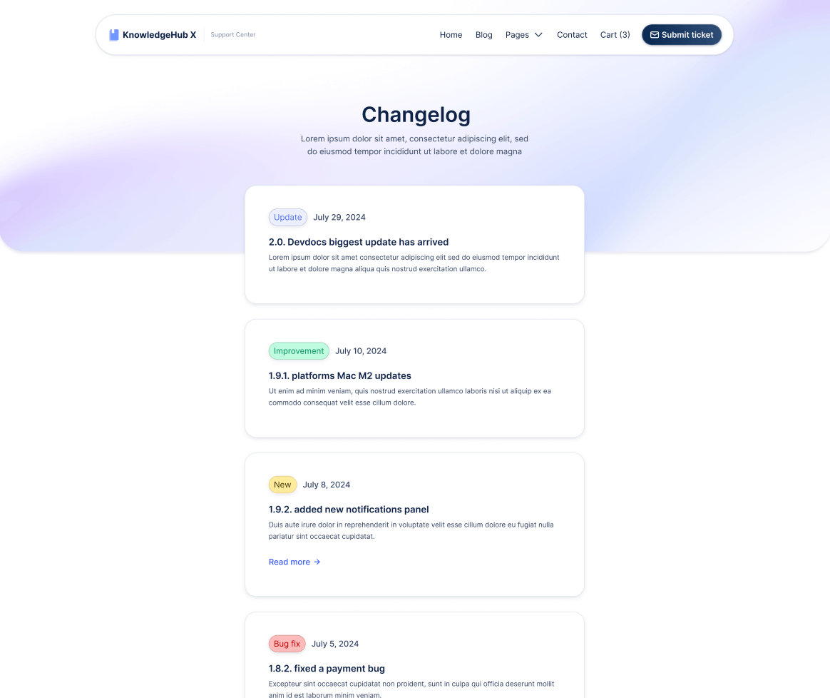 KnowledgeHub X - Changelog V3 Page - Help Center Webflow Template