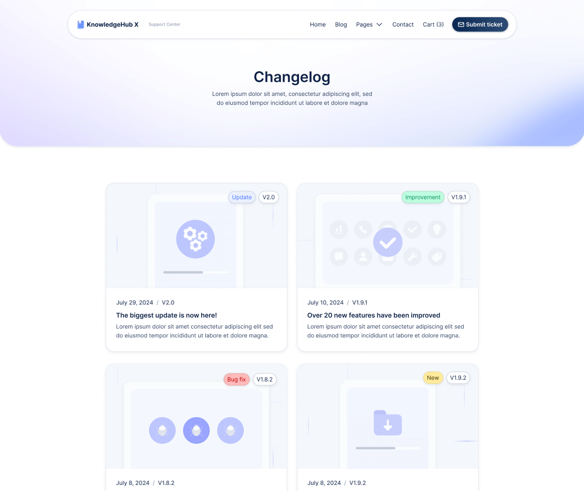 KnowledgeHub X - Changelog V2 Page - Help Center Webflow Template